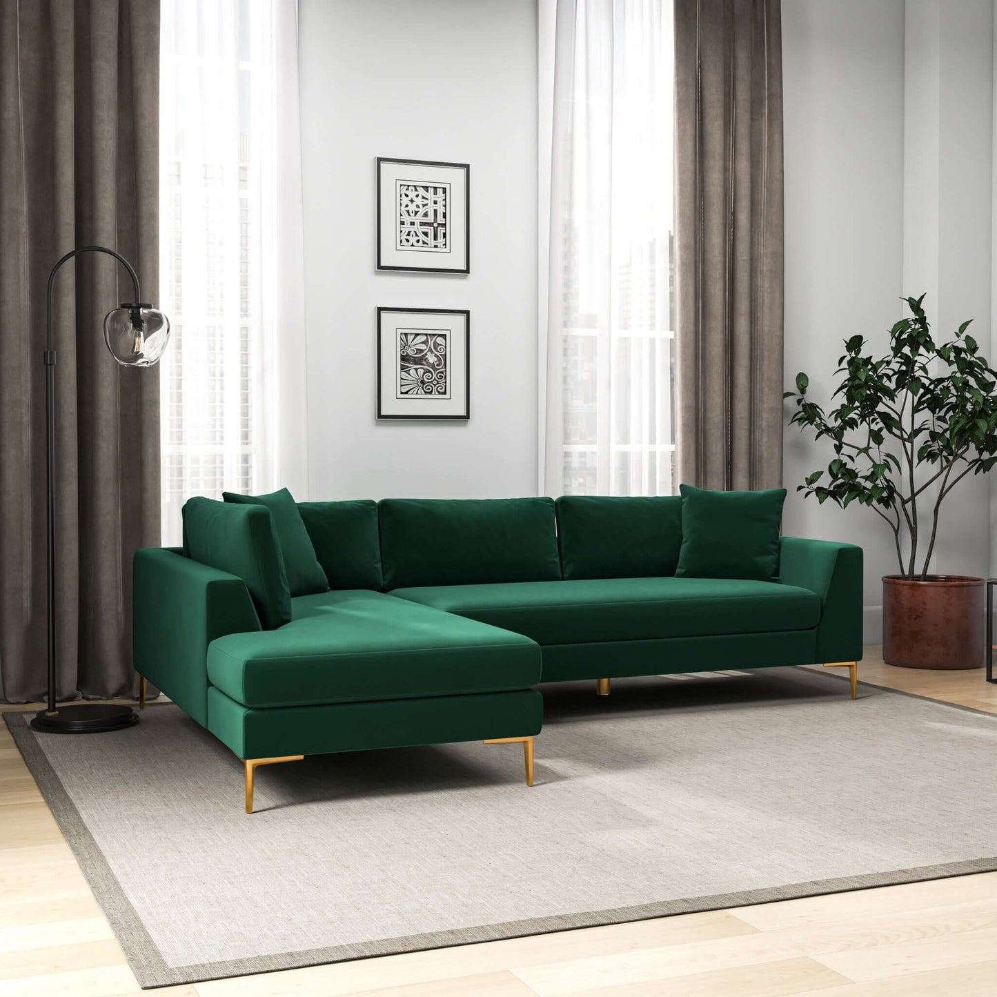 Mano L-Shaped Velvet Sectional Sofa In Green Left Facing