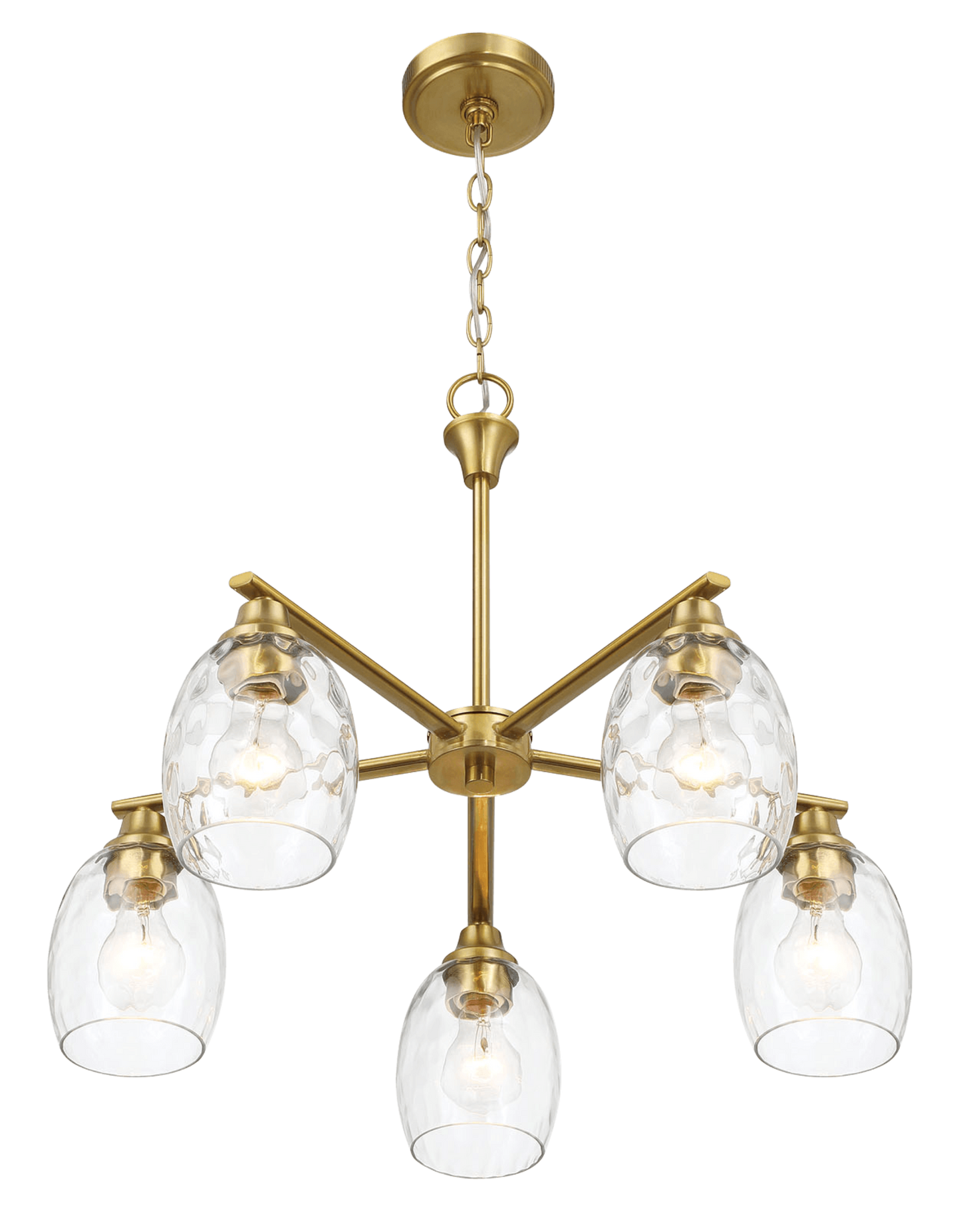 Elegance Five Lights Linear Arms with Golden Brass Finish Chain Chandelier 24"W × 8.5"H with Clear Water Glass