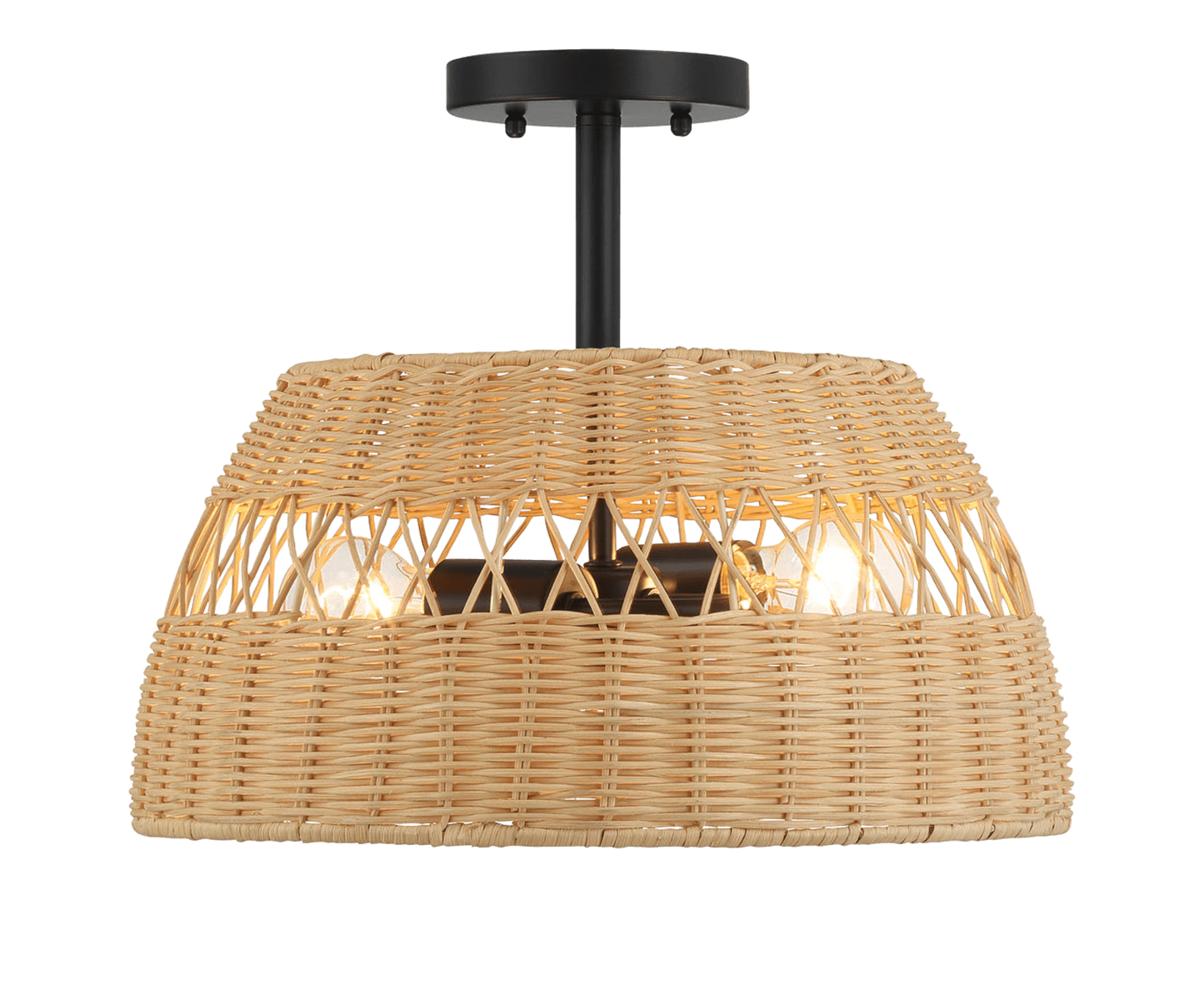 Twinkle Double Lights Semi Flush With Rattan Shade Black Metal Finish for Farmhouse Style